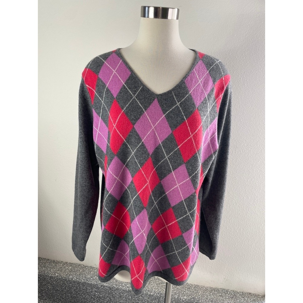 Charter‎ Club Woman Plus 2X 100% Cashmere Sweater Gray Argyle Crew Neck 2 Ply